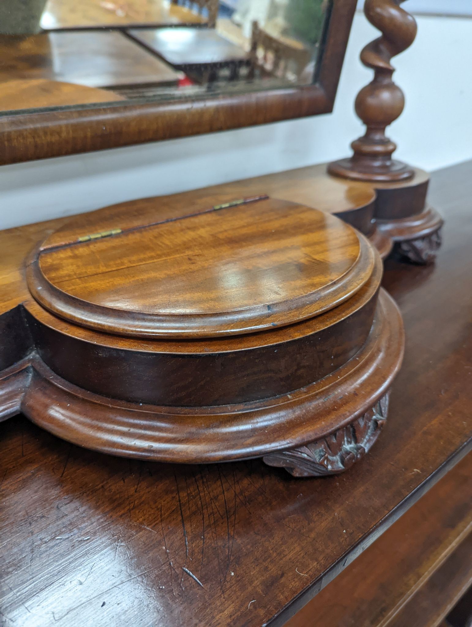 A Victorian mahogany barley twist toilet mirror, width 78cm, depth 29cm, height 76cm